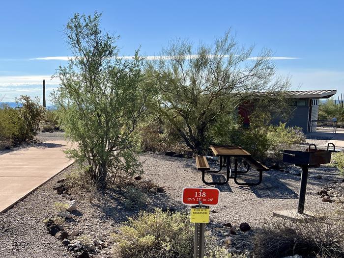 Pull-thru campsite with picnic table and grill, surrounded by cactus and desert vegetation.