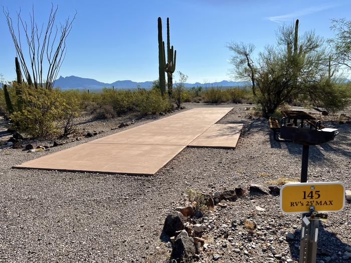 Pull-thru campsite with picnic table and grill, surrounded by cactus and desert vegetation.The entrance into Site 145