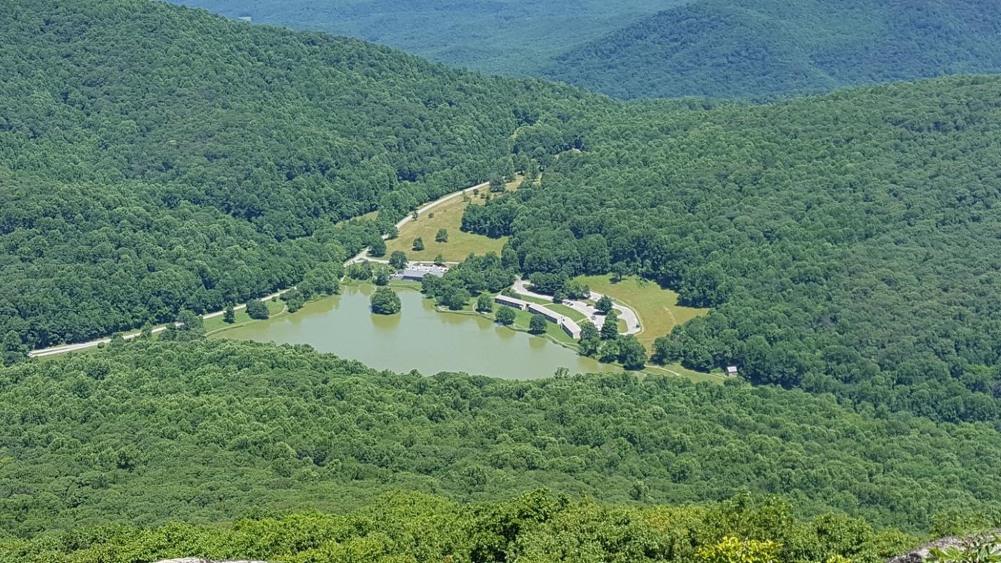 View of Abbott Lake, Peaks of Otter Lodge and Restaurant from the Top of Sharp Top Mountain