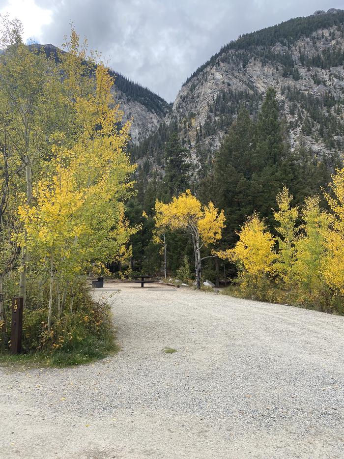 Campsite with aspen trees in fall foliage with mountains in backgroundA photo of Site 016 with Picnic Table, Fire Pit