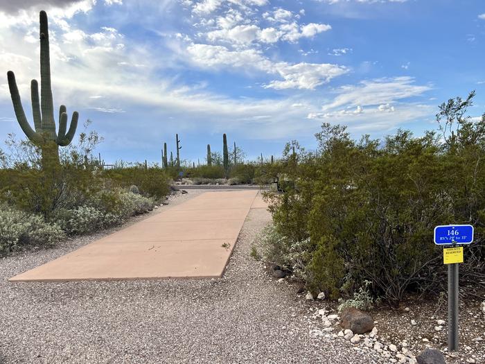 The driveway of the site with the picnic table and grill surrounded by desert plantsEach campsite is marked to easily identify which site it is.