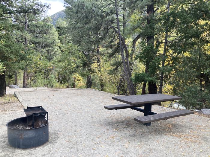 Campsite with trees, picnic table and fire pit next to creek.A photo of Site 003 with picnic table, fire pit and tent pad