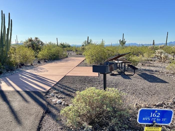 Pull-thru campsite with picnic table and grill, surrounded by cactus and desert vegetation.