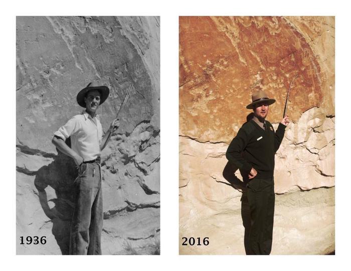 Ranger Recreates Historic PhotographRanger Andrew recreates a historic photograph with Petroglyphs at El Morro.