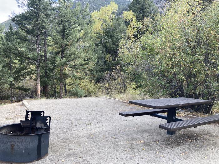 Campsite with picnic table and mtal fire pit.A photo of Site 007 with picnic table and fire pit.