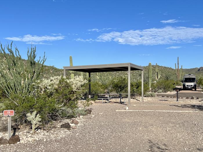 Pull-in parking tent camping site with sunshade, picnic table and grill. Surrounded by cactus and desert vegetation.The entrance into Site 178