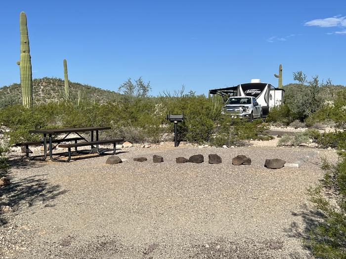 The large square tent pad of the site with the picnic table and grill nearby.Each site has tent pad, picnic table and grill and is surrounded by cacti and other desert plants.
