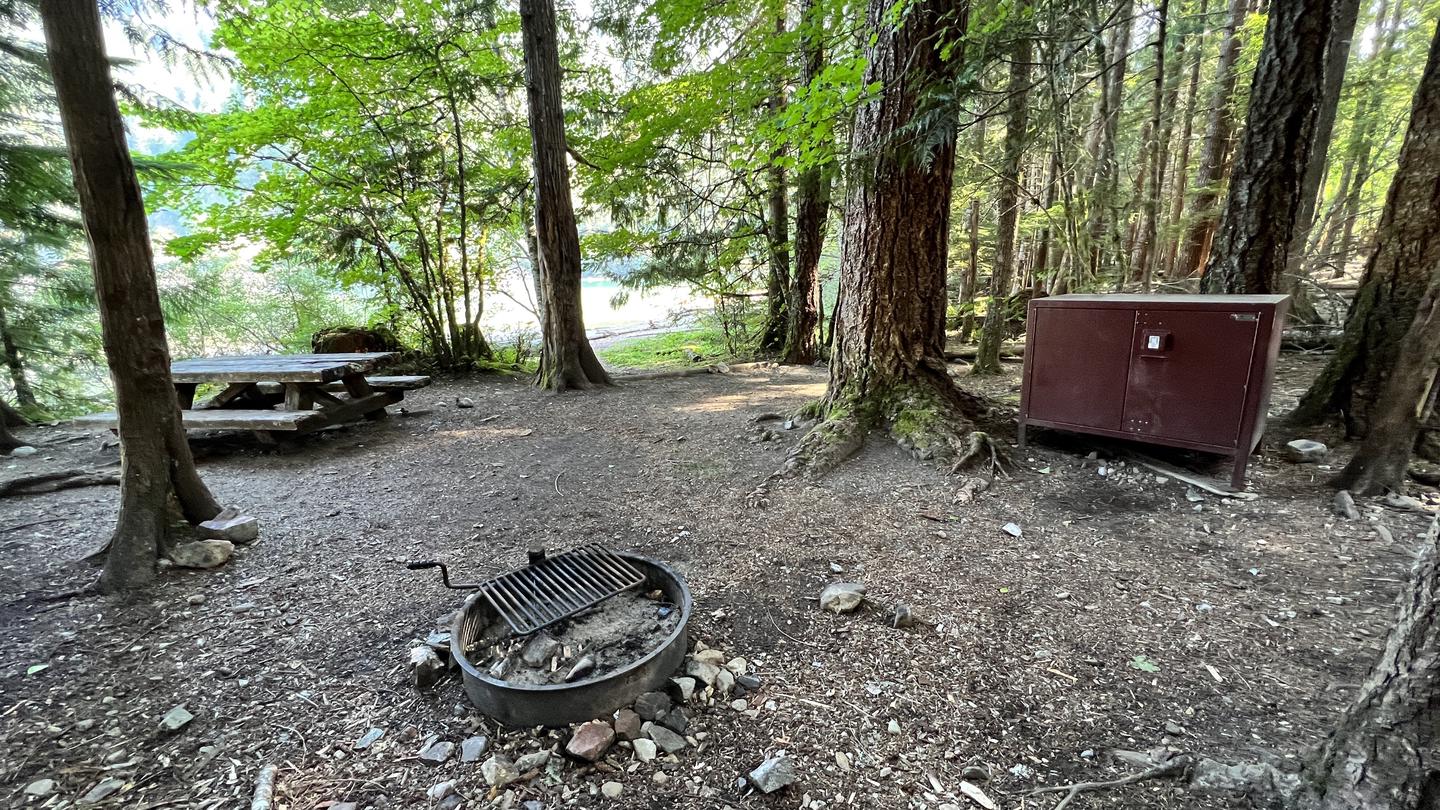 Tent pad, picnic table, fire grate and bear box at campsite. Campsite near the lakeshore. 