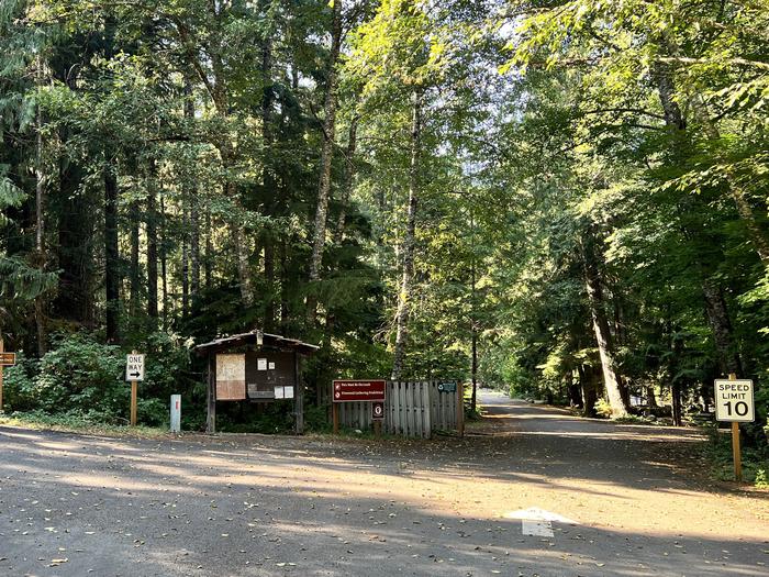 Entrance to Colonial Creek North Campground.Colonial Creek North Campground is located on the forested shores of Diablo Lake.