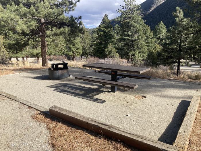 Campsite with picnic table and fire pit with mountain and trees in background.A photo of Site 017 with picnic table and fire pit.