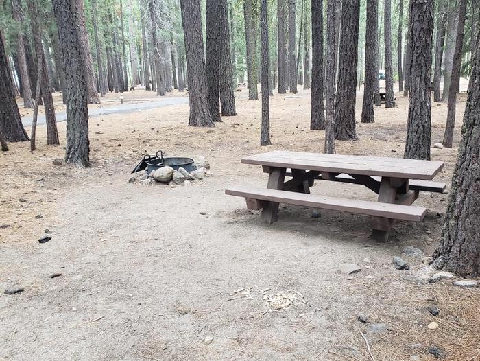 Smaller secluded site surrounded by trees featuring a picnic table and fire ring.Lone Rock Site 52