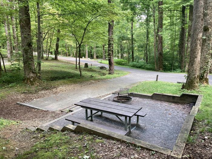 A photo of Site A03 of Loop A-Loop at COSBY CAMPGROUND with Picnic Table, FireView from above and behind the picnic area 