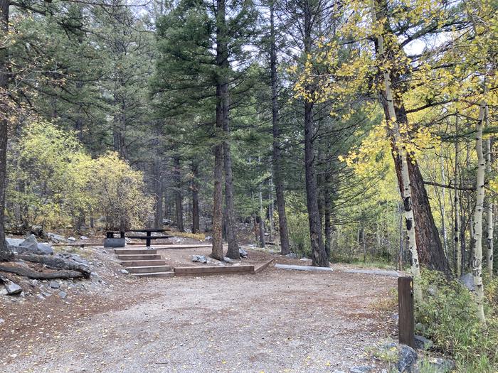 Campsite in forest with wooden steps, picnic table and fire pitA photo of Site 004 with Picnic Table, Fire Pit