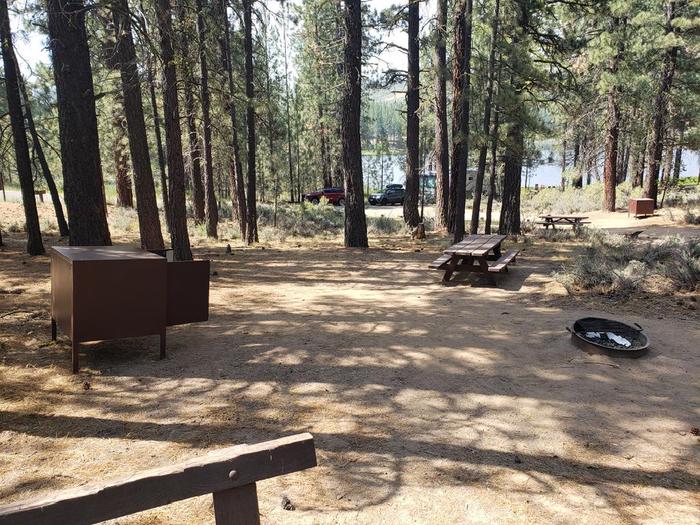Spacious site well-sheltered by trees with a view of the lake in the background featuring a picnic table and fire ring.Long Point Site 3