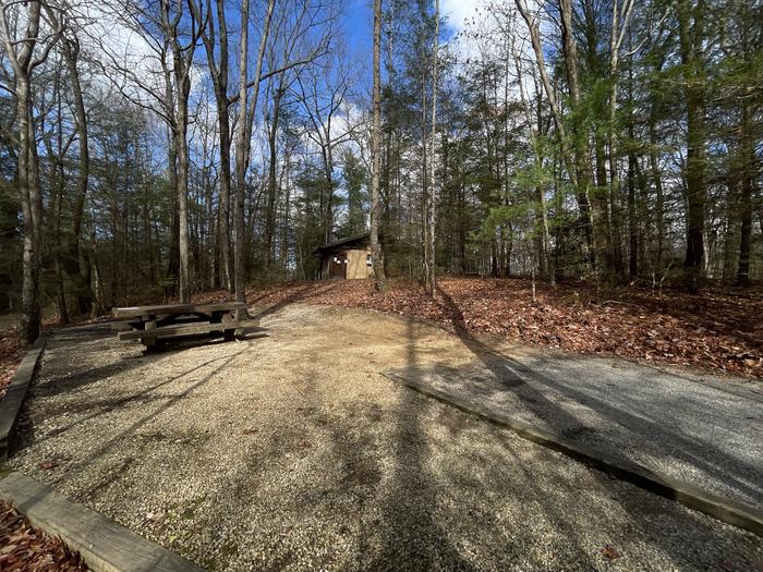 A photo of Site 12 of Loop Upper at Lake Conasauga Campground with Picnic Table, Fire Pit, Shade, Tent Pad, Lantern Pole from below.A photo of Site 12 of Loop Upper at Lake Conasauga Campground with Picnic Table, Fire Pit, Shade, Tent Pad, Lantern Pole