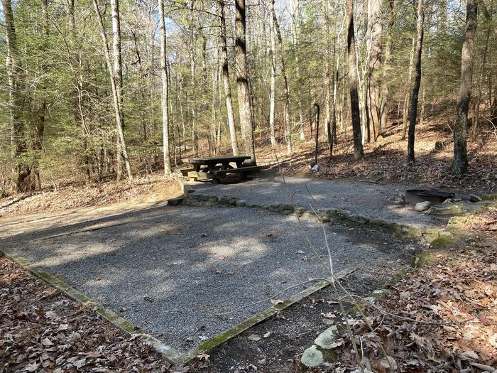 A photo of Site 13 of Loop Lower at Lake Conasauga Campground with Picnic Table, Fire Pit, Shade, Tent Pad, Lantern Pole from beside.A photo of Site 13 of Loop Lower at Lake Conasauga Campground with Picnic Table, Fire Pit, Shade, Tent Pad, Lantern Pole