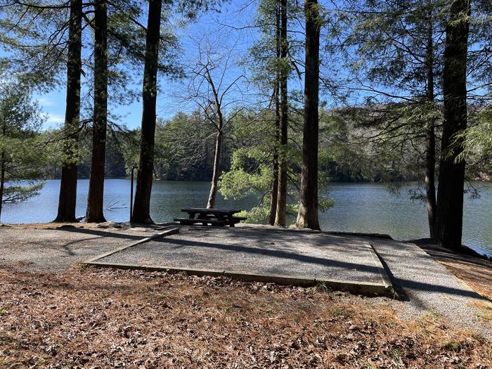 A photo of Site 21 of Loop Lower at Lake Conasauga Campground with Picnic Table, Fire Pit, Shade, Tent Pad, Waterfront, Lantern Pole from above.A photo of Site 21 of Loop Lower at Lake Conasauga Campground with Picnic Table, Fire Pit, Shade, Tent Pad, Waterfront, Lantern Pole