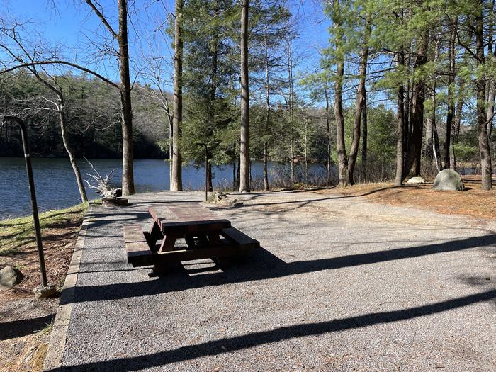 A photo of Site 22 of Loop Lower at Lake Conasauga Campground with Picnic Table, Fire Pit, Shade, Tent Pad, Waterfront, Lantern Pole from site.A photo of Site 22 of Loop Lower at Lake Conasauga Campground with Picnic Table, Fire Pit, Shade, Tent Pad, Waterfront, Lantern Pole