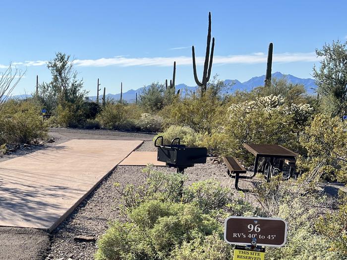 Pull-thru campsite with picnic table and grill, surrounded by cactus and desert vegetation.