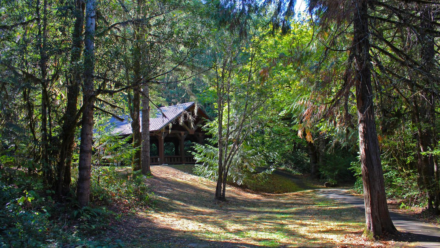 View of the pavilion and nearby paved path at Tyee Recreation Site