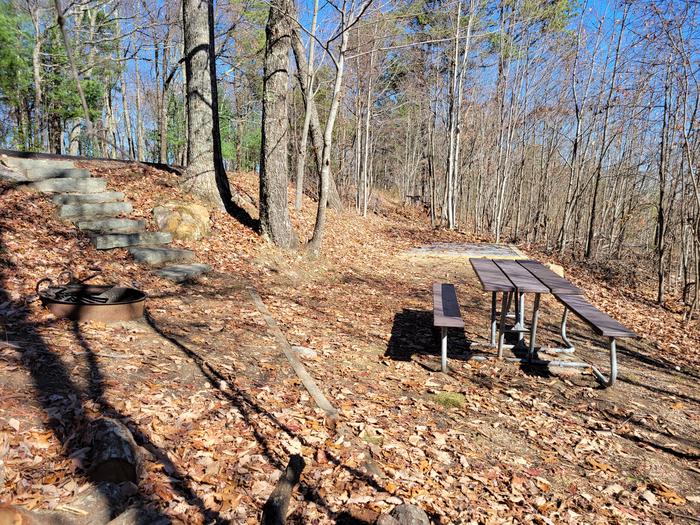 A look at the stairs leading down to tent pad and picnic table.