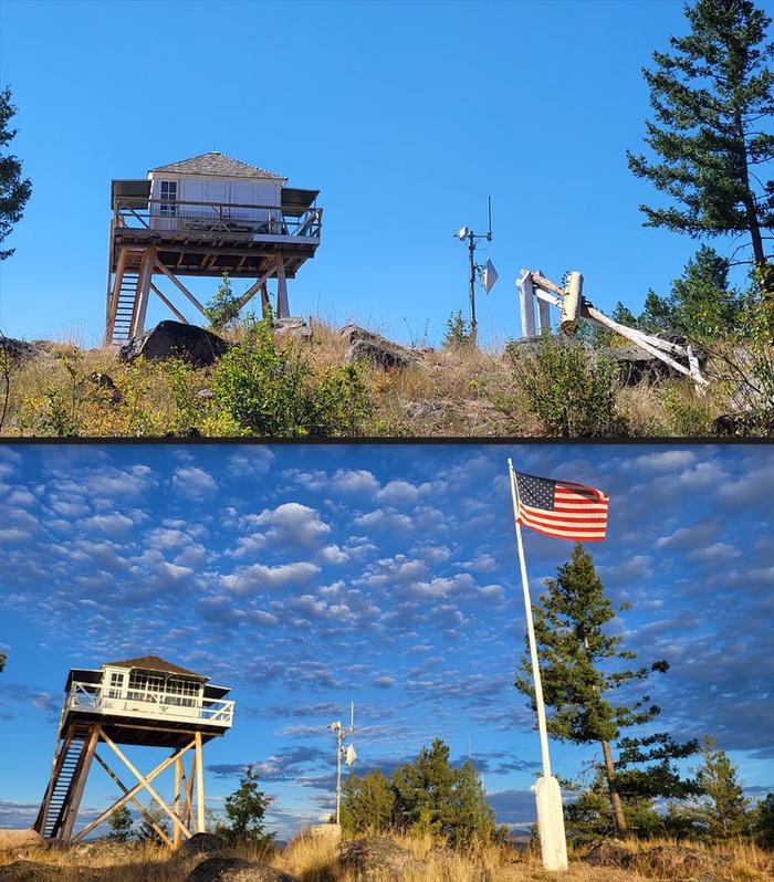 Before and after shot of Lookout tower restoration top photo shows old paint peeling and broken flag pole, bottom photo, new paint new flag pole with American flag flying on top. .Before and after restoration Phase 1 and 2