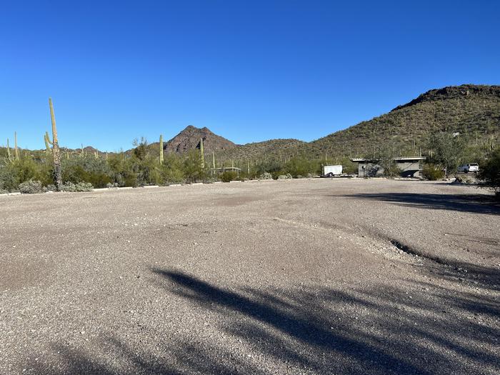 The driveway of the site with the picnic table and grill surrounded by desert plantsThere is plenty of space to pitch tents at the site.