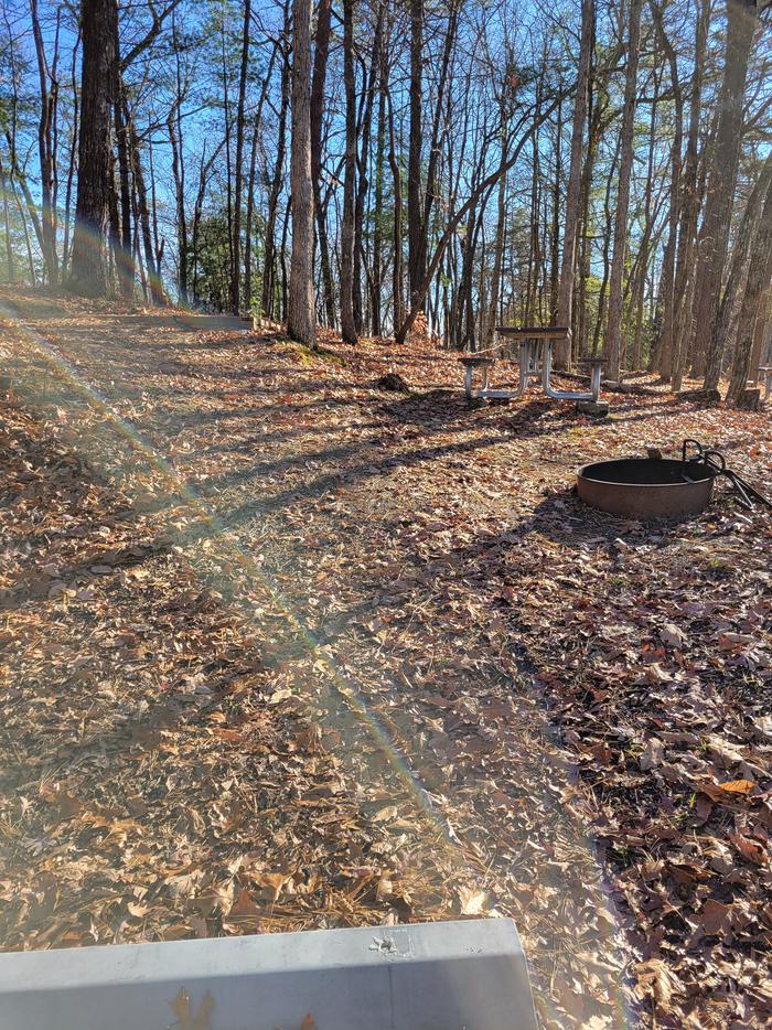 A view of the fire pit, picnic table, and tent pad from the back end of the parking pad.