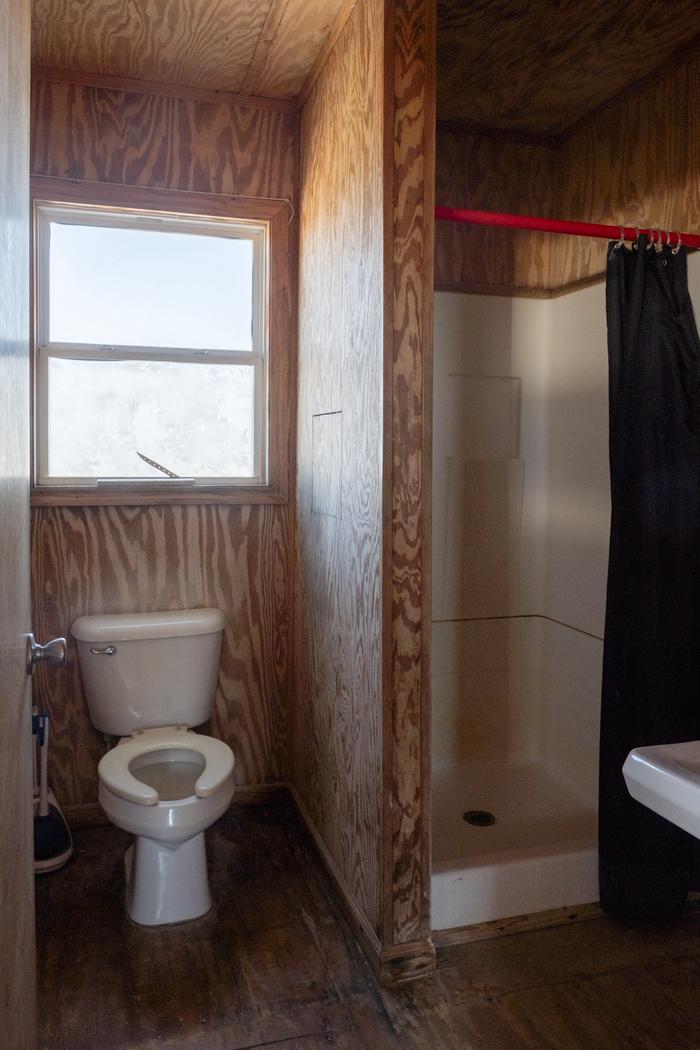 A view of the bathroom, with the toilet and shower visible, and the sink just out of frame.Bathroom area