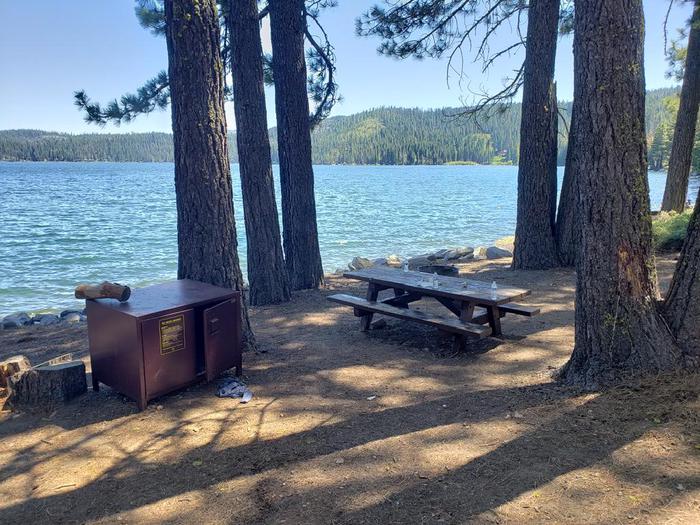 Beautiful waterfront site featuring a picnic table, fire ring, and bear box.Sundew Site 16