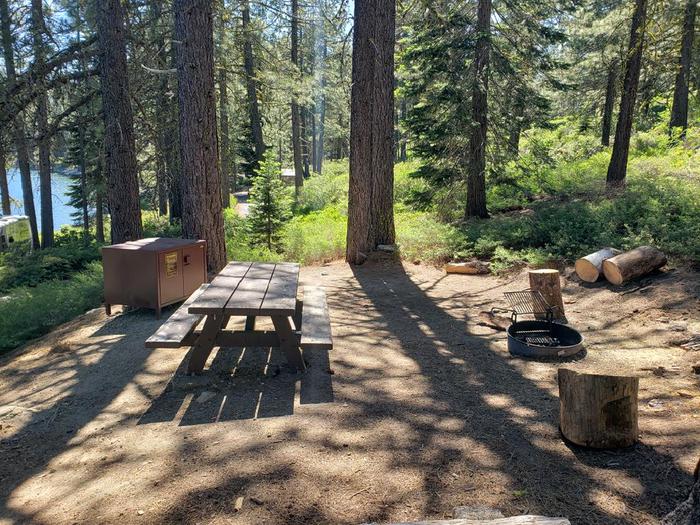 Shady site with a view of the lake that also features a picnic table, fire ring, and bear box.Sundew Site 19