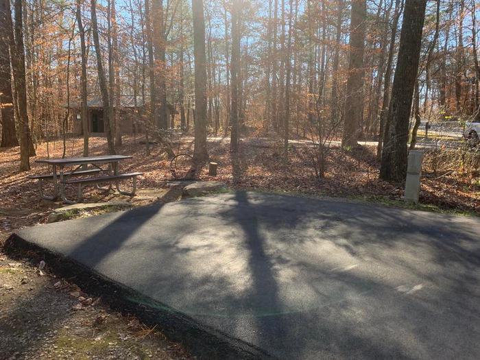 The end of a camping pad with a circle fire ring and brown picnic table.C-15 fire ring and picnic table area.