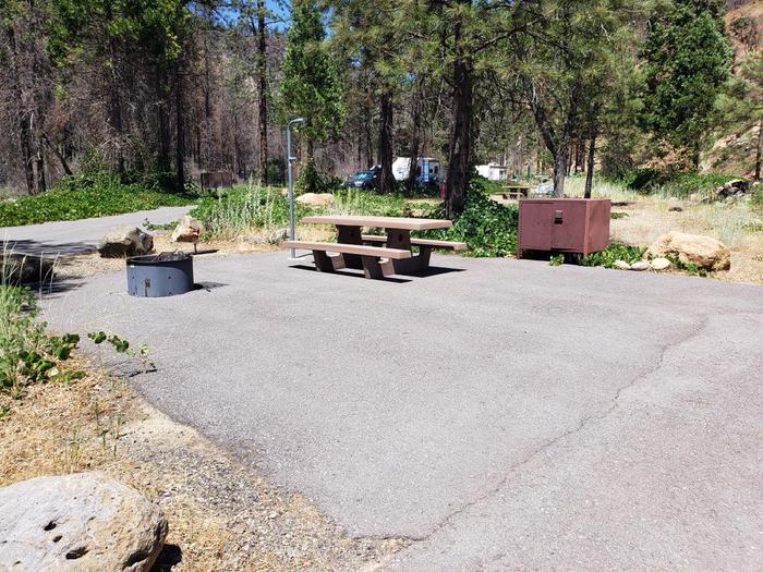 Paved site that features a picnic table, fire ring, lantern holder, and bear box.North Fork Site 5