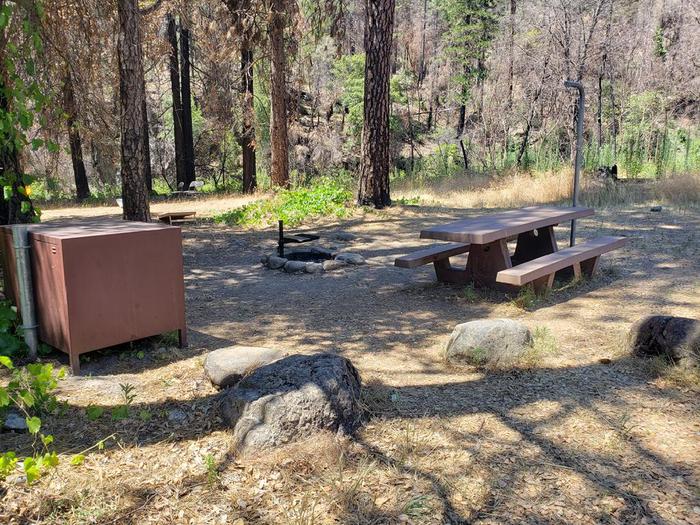 Shady site featuring a picnic table, fire ring, lantern holder, and bear box.North Fork Site 7