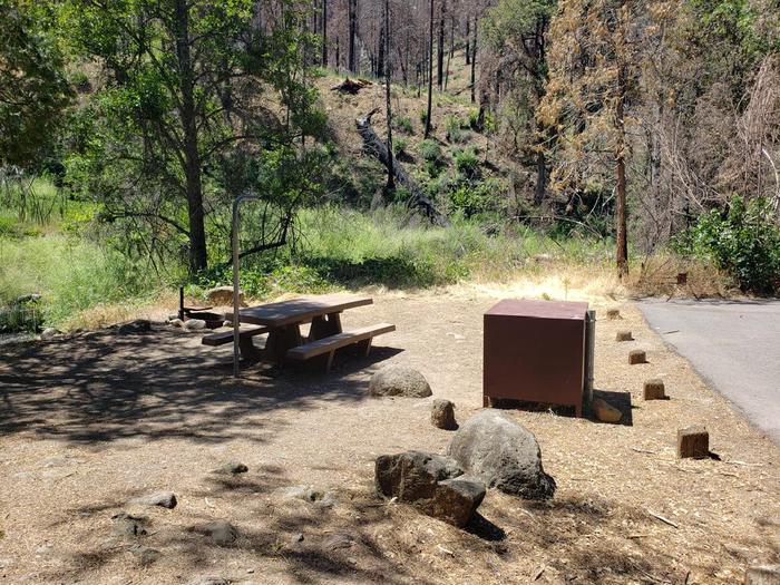 Spacious site featuring a picnic table, fire ring, lantern holder, and bear box.North Fork Site 15