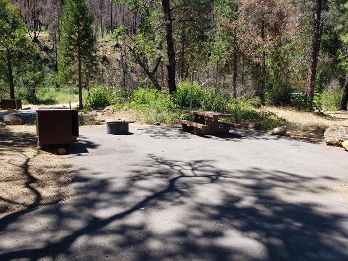 Paved site featuring a picnic table, fire ring, lantern holder, and bear box.North Fork Site 17