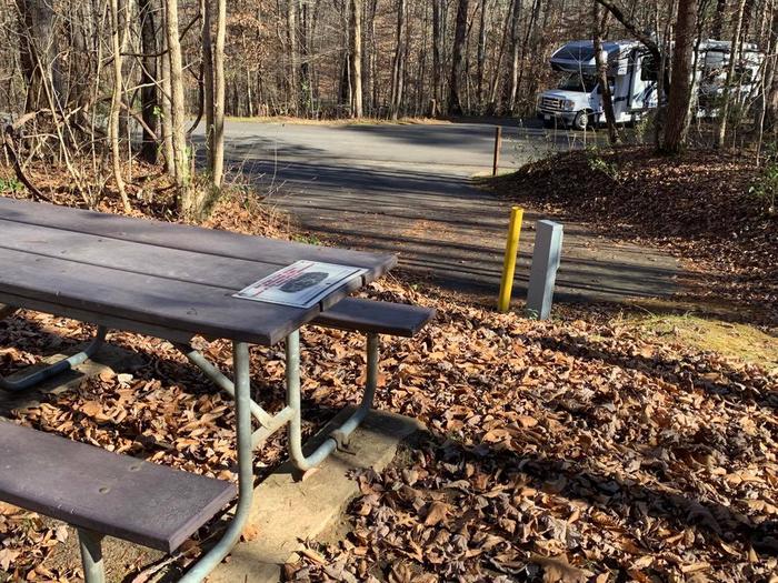 A brown picnic table near a blacktop camping pad.C-18 picnic table area.