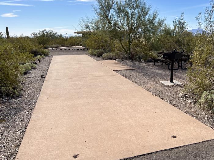 Pull-thru campsite with picnic table and grill, cactus and desert vegetation surround site.