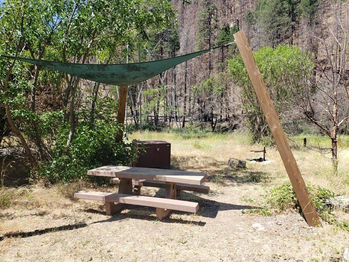Spacious site featuring a picnic table, sun shade, fire ring, and bear box.Gansner Bar Site 8