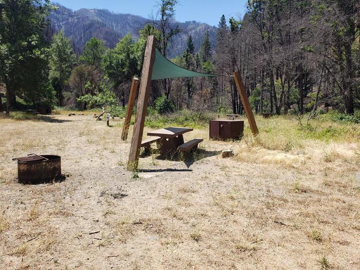 Sunny site featuring a picnic table, sun shade, fire ring, and bear box.Gansner Bar Site 11