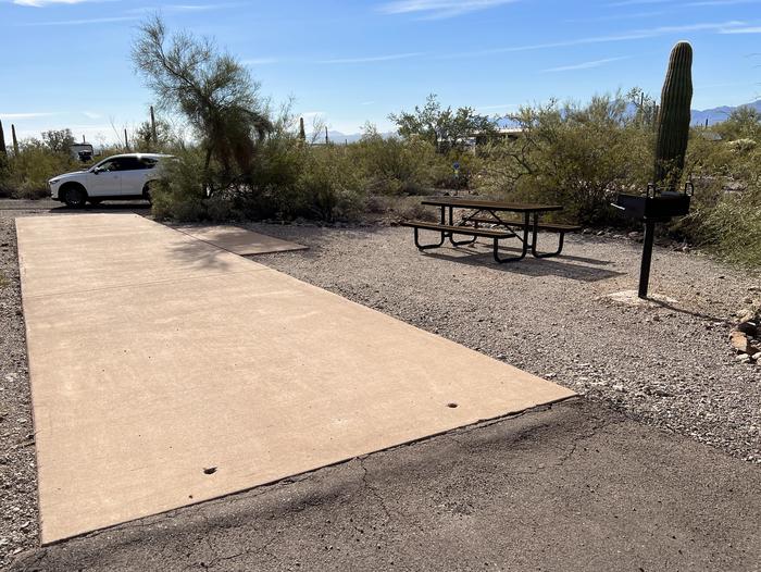 The driveway of the site with the picnic table and grill surrounded by desert plants