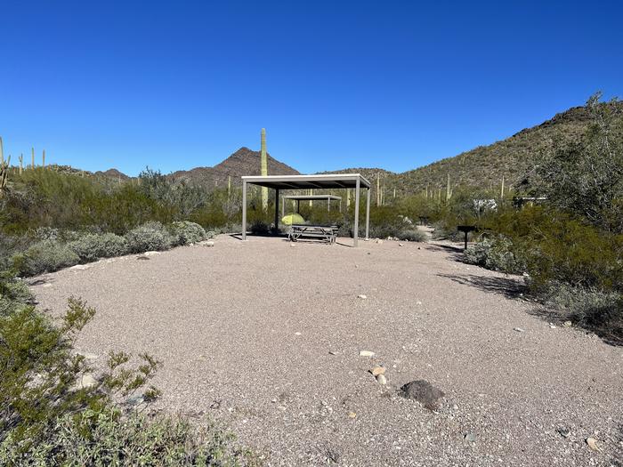 A picnic table sits near a grill and desert vegetation with a shade shelter above it.The entrance into the site.
