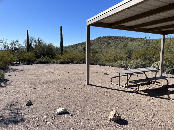 A picnic table sits under a shade shelter with a large open flat area for camping behind it.The camping area is located near the picnic tables and grills.