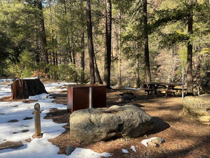 Spacious site featuring a picnic table, fire ring, bear box, and a paved driveway.Spanish Creek Site 14