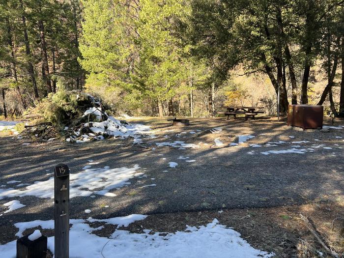 Spacious site featuring a picnic table, fire ring, bear box, and a paved driveway.Spanish Creek Site 15
