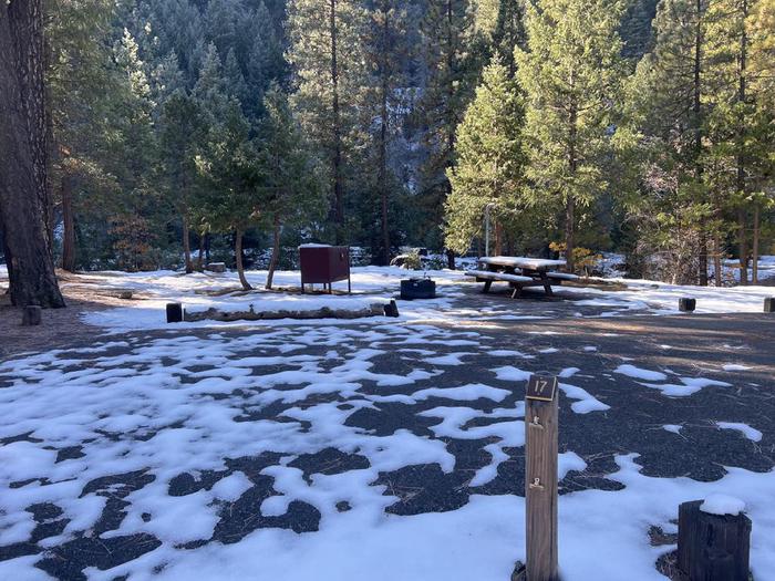 Spacious site featuring a picnic table, fire ring, bear box, and a paved driveway.Spanish Creek Site 17