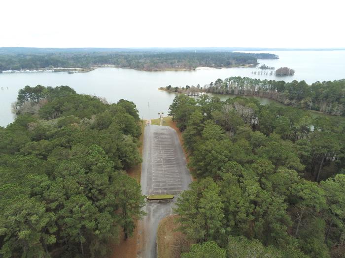 Aerial view of Cotton Hill Campground boat ramp, with boat ramp in foreground and lake in background.  