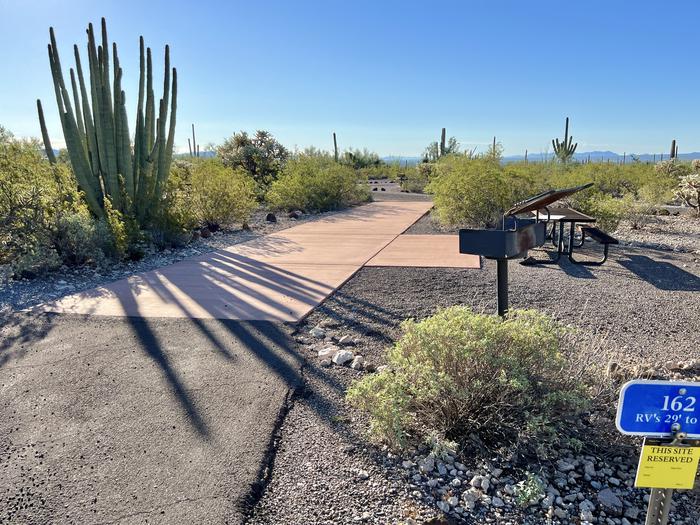 Pull-thru campsite with picnic table and grill, surrounded by cactus and desert vegetation.The entrance into Site 162