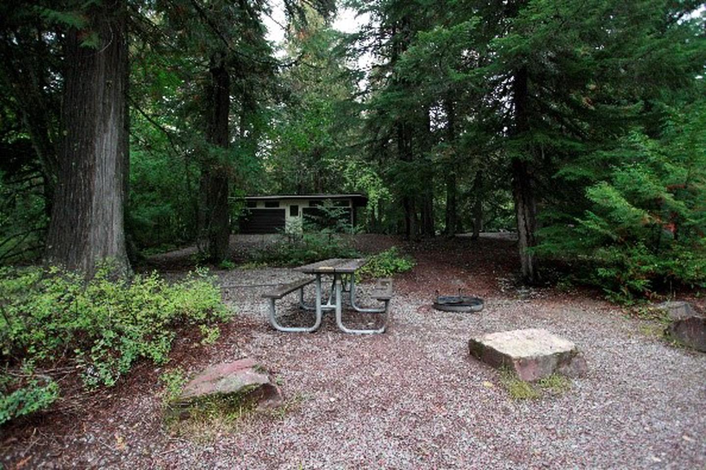 Gravel driveway covered with brown leaves in a wooded campsite with picnic table and fire ring.