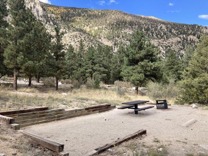 campsite with picnic table and fire pit with blue sky and mountains in background.Photo of campsite at Mt. Princeton Campground.